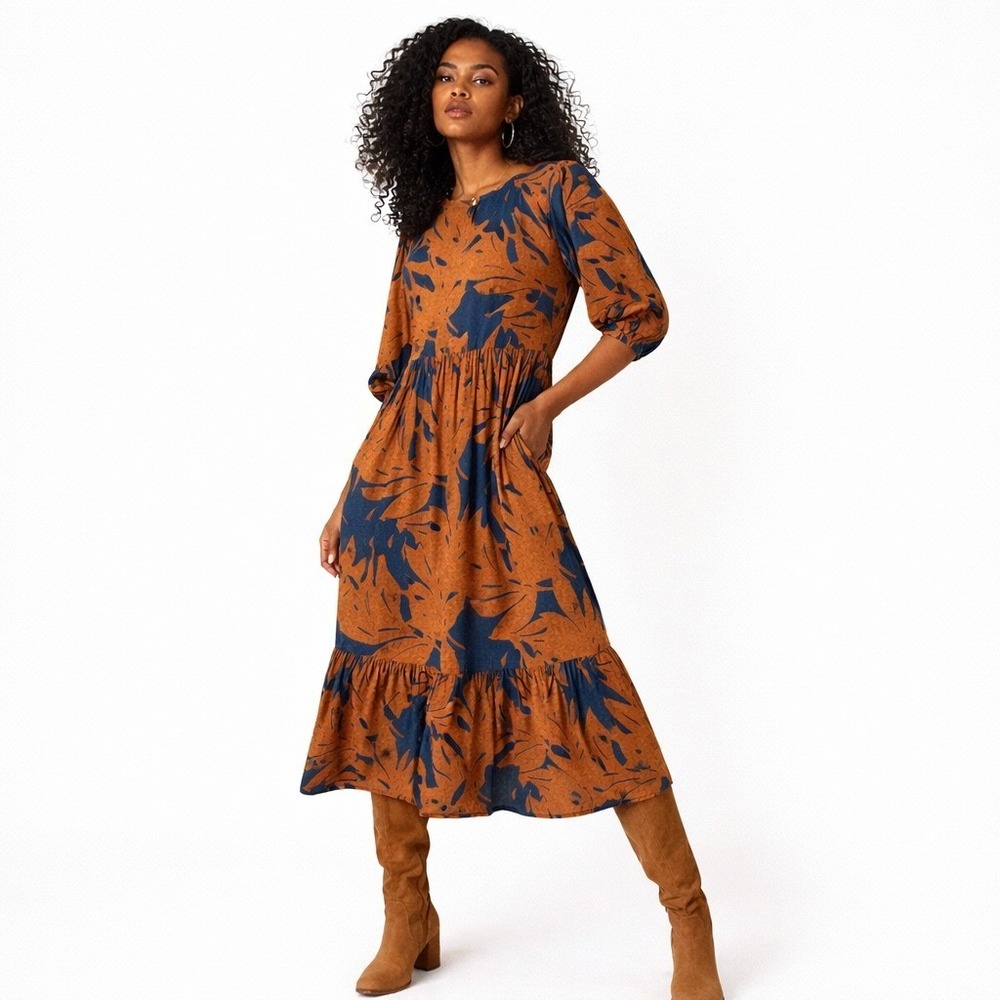 Anthropologie Porridge Kiera Midi Dress Rust Puff‎ Sleeve S Boho Cottagecore